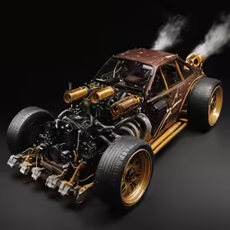 an elaborate model of a car on a black surface