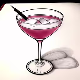 drawing of a glass with ice sitting on top,a drawing of a wine glass on a table
