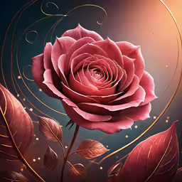 a red rose with leaves and a swirl background