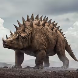 the dinosaur is walking on dirt in the field
