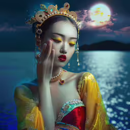 a woman with a yellow dress and jewelry is in front of the water,the woman is dressed up in a costume near the ocean