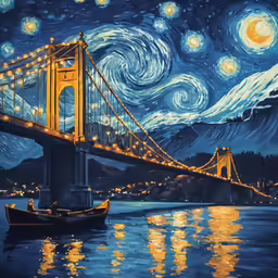 a painting of a starr night over the bridge