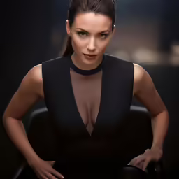 a woman sitting in a chair and posing for a photo