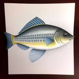 the watercolor painting depicts a large fish,a painting of a fish with blue and yellow stripes