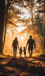 family walking through a forest during sunset