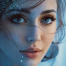 a woman with glitter on her face looks at the camera