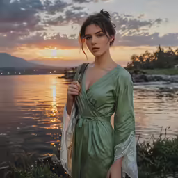 woman in green dress standing on the beach by water