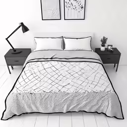 a bed room with white walls and black furniture