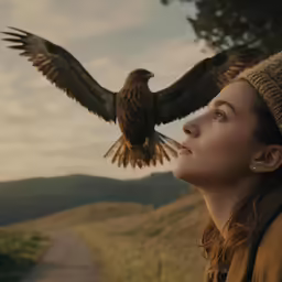 a woman staring up to a hawk flying overhead