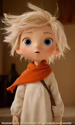 a doll dressed in a coat and scarf with an evil look