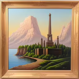 a painting with mountains and water in the background,the painting depicts the scenery and mountain range