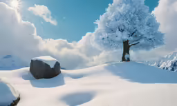 a snow covered hillside, with a large rock and a tree