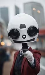 a close up of a person wearing a robot helmet