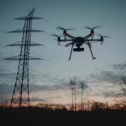 the quad glider is flying over the power lines