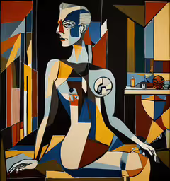 a painting of a woman in blue dress and brown,a painting of a man with a clock on it