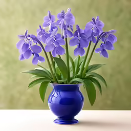 a blue vase filled with purple flowers and leaves