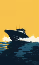a boat on a body of water next to a yellow background