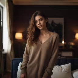 a woman posing in a brown sweater in front of the bed