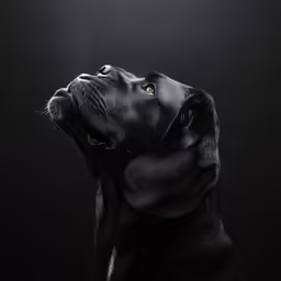 a dog sprinkled with dust as he looks up into the air