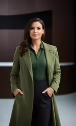a beautiful woman in green jacket posing for a photo