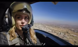 woman looking out from inside the cockpit of a small airplane