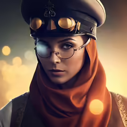 a girl wearing aviator goggles is wearing a red scarf