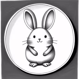 a bunny is sitting on a white plate,a cartoon rabbit on a plate with a pen