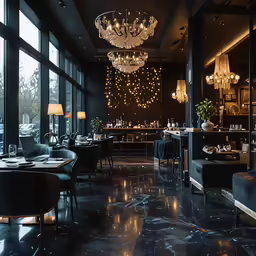 a restaurant with a chandelier and many tables