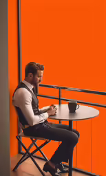a man in a suit sitting at an orange table while talking on his phone