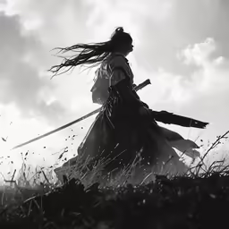 the man in an old japanese costume is walking through a field