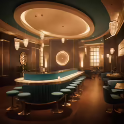 the large lounge area has blue stools and wood table tops