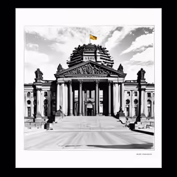 an old black and white photo with a flag on top