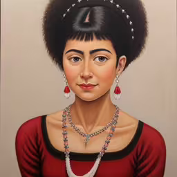 a painting of a woman with a hair styled like fro,a portrait of freckles are one of the things most well - loved,a painting with an afro is shown as if she is ready to show the style,an oil painting on canvas of a woman