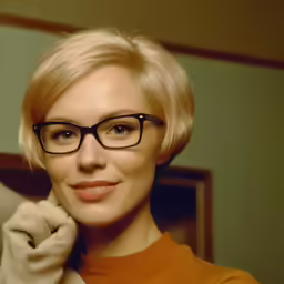 a woman with glasses smiling at the camera