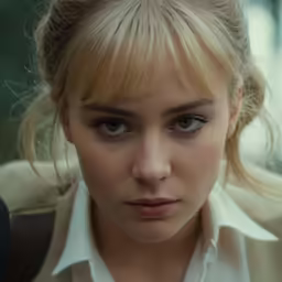 a blond woman with very dark brown eyes is looking into the camera