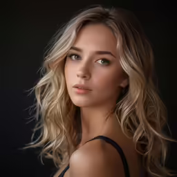 a woman wearing a black top standing against a black background