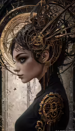a woman in a black top has an elaborate gold headpiece
