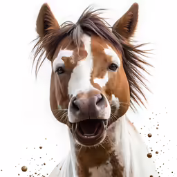 a brown and white horse with its mouth open