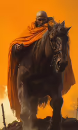 the character is dressed in an orange cape as he rides a horse