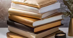 four stacked books sit on a table next to a candle