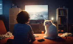 a white cat sitting next to a young woman in a living room