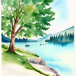 watercolor painting of a tree and a boat in the water