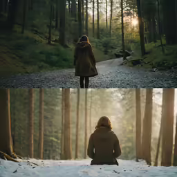 two shots of a woman walking on a road in a wooded area