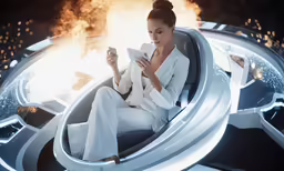 woman in white suit using a mobile device