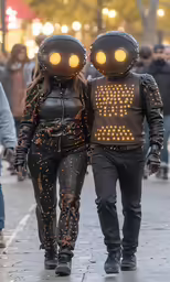 people are wearing masks walking down the street