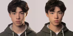 this is an image of a boy with two different looks,the two images are showing one of an asian man with brown hair