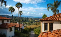 the view over the rolling hills, palm trees and houses