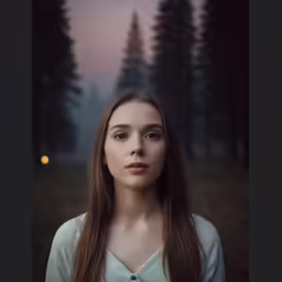 an attractive girl with long hair looks into the camera