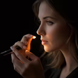 a woman in black holding a lit up cigarette