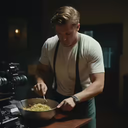 a man in the kitchen preparing some noodles